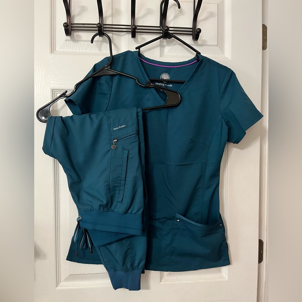 Healing Hands Scrubs Mock Wrap Neck Top & Jogger in Caribbean